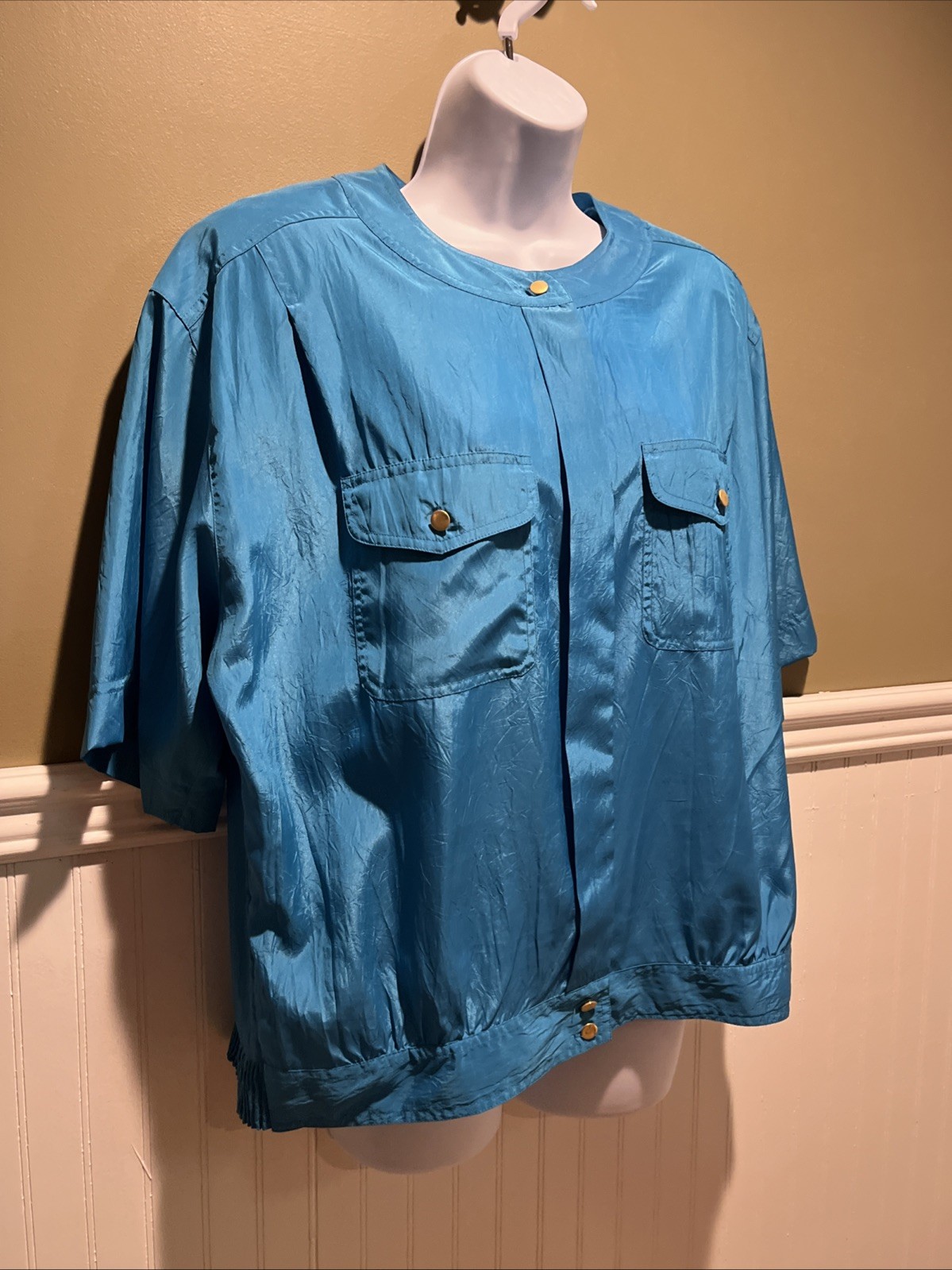 Vtg Josephine Women’s Blue Blouse 3/4 Sleeves 80s Retro Shoulder Pads Pockets
