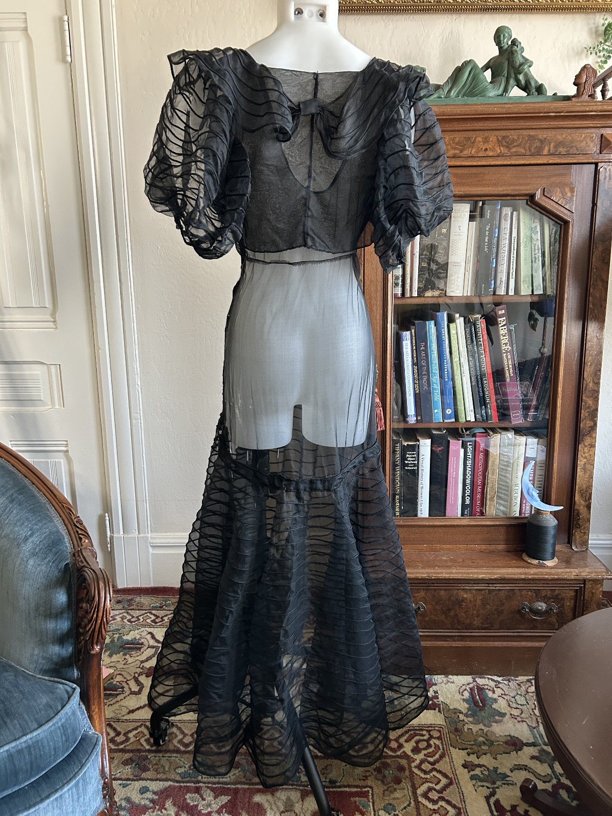 Vintage 1930s Sheer Black Mesh Net Gown Dress Bolero Set Bias Cut Deco Maxi S/M