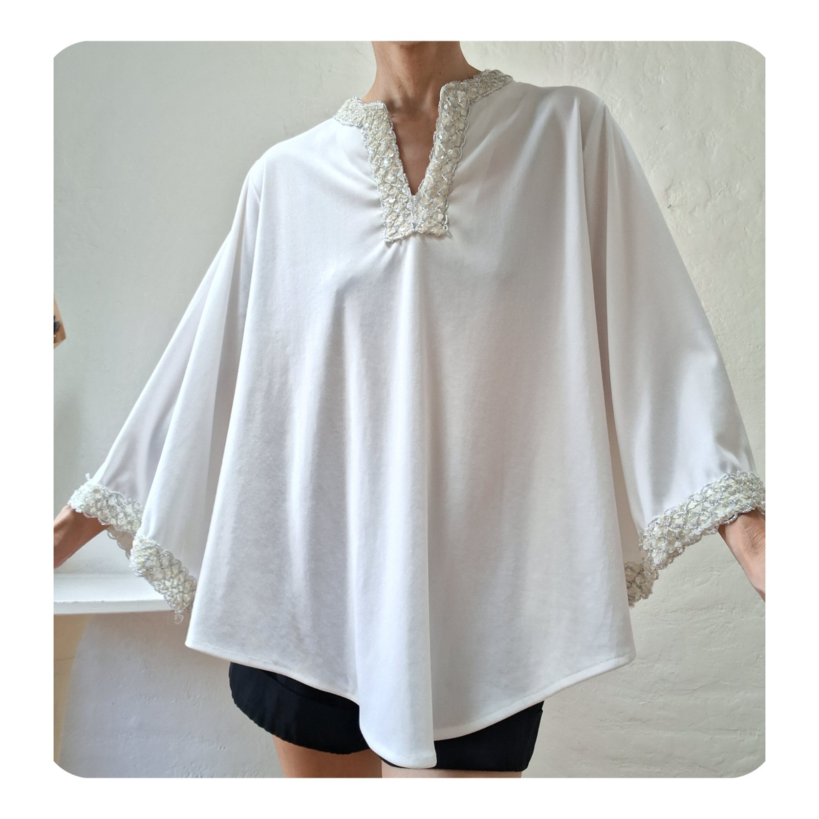 Vintage 1970s Retro Resort White Trapeze Blouse Sequined Angel Boho Glam Disco