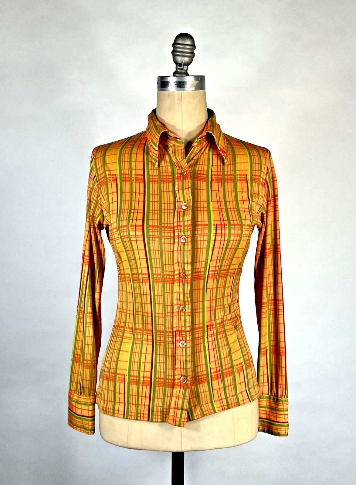 Vintage 1970’s NEON check print nylon slim button-down shirt CHERI AMOUR sz. S/M