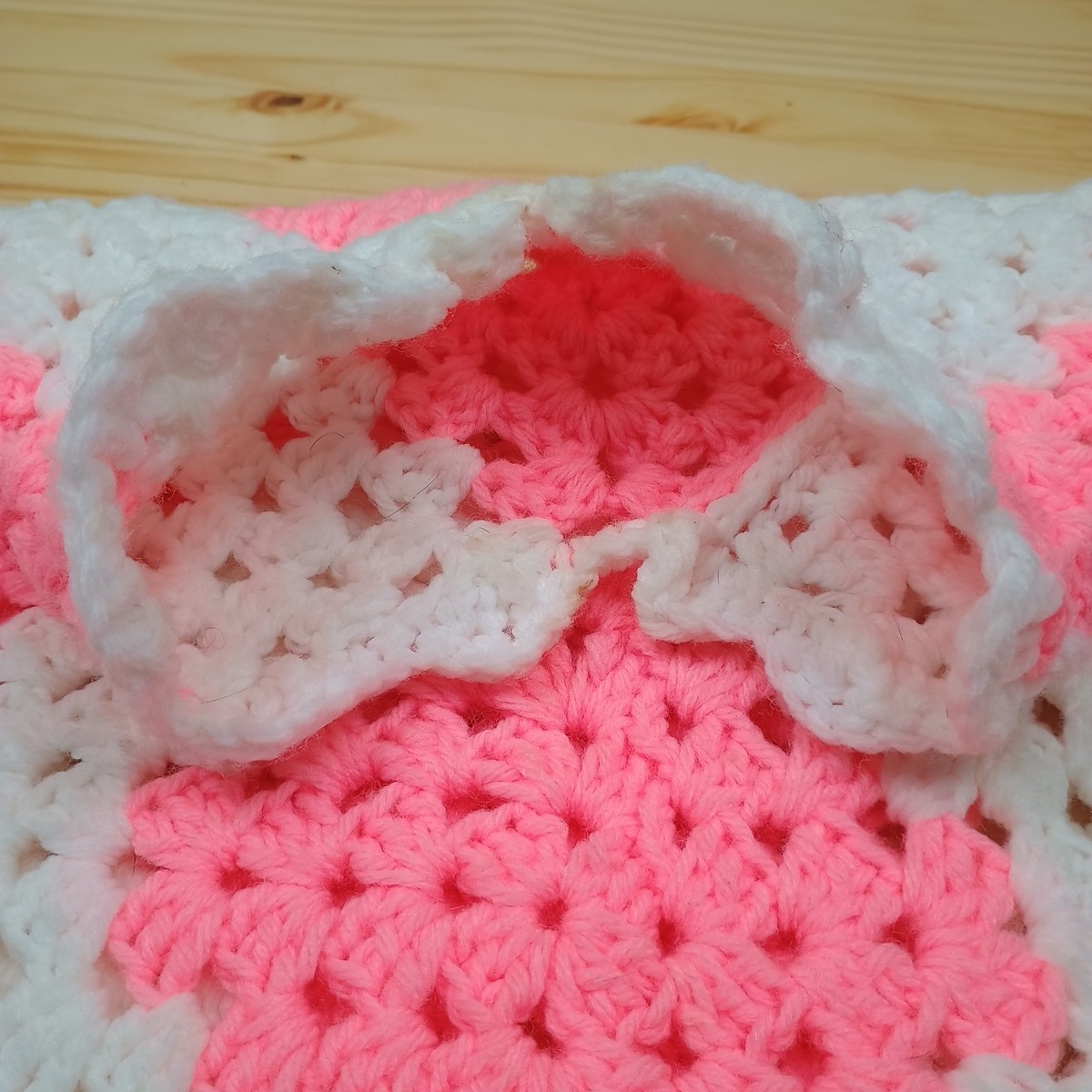 Hand Knit Granny Square Shawl, Cape, Wrap With Fringe Small Pink White Vintage