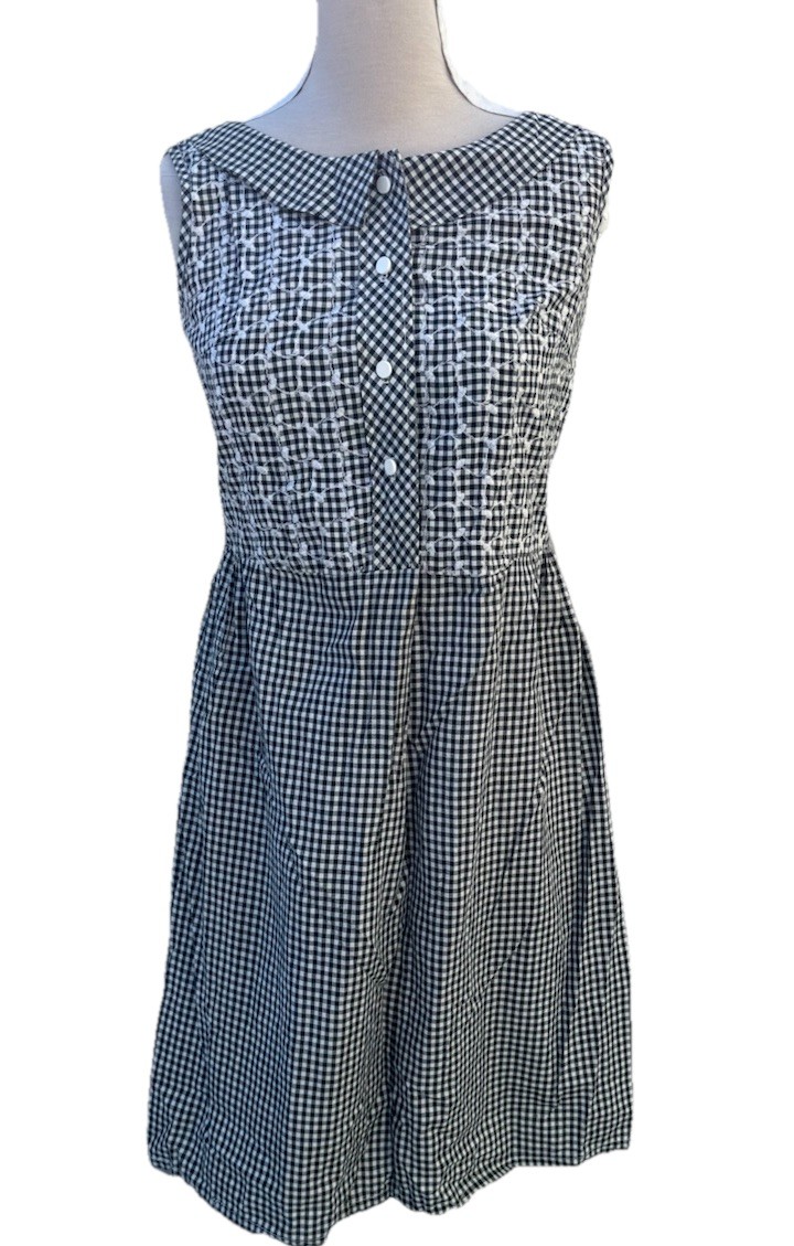 VTG Pat Perkins Black & White Gingham Check Cotton Dress 12 1950s Style