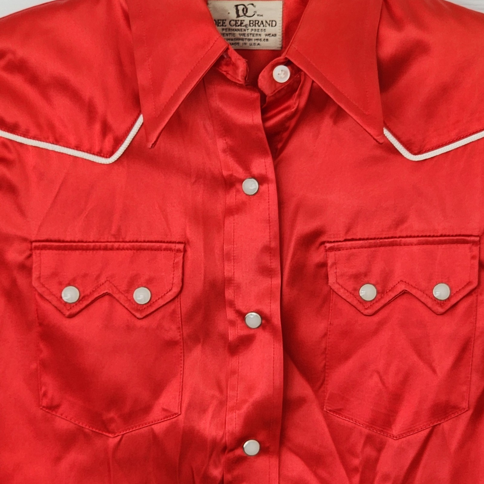 Vintage Dee Cee 1970s Womens Red Satin Western Cowgirl Shirt Pearl Snaps 38 Read