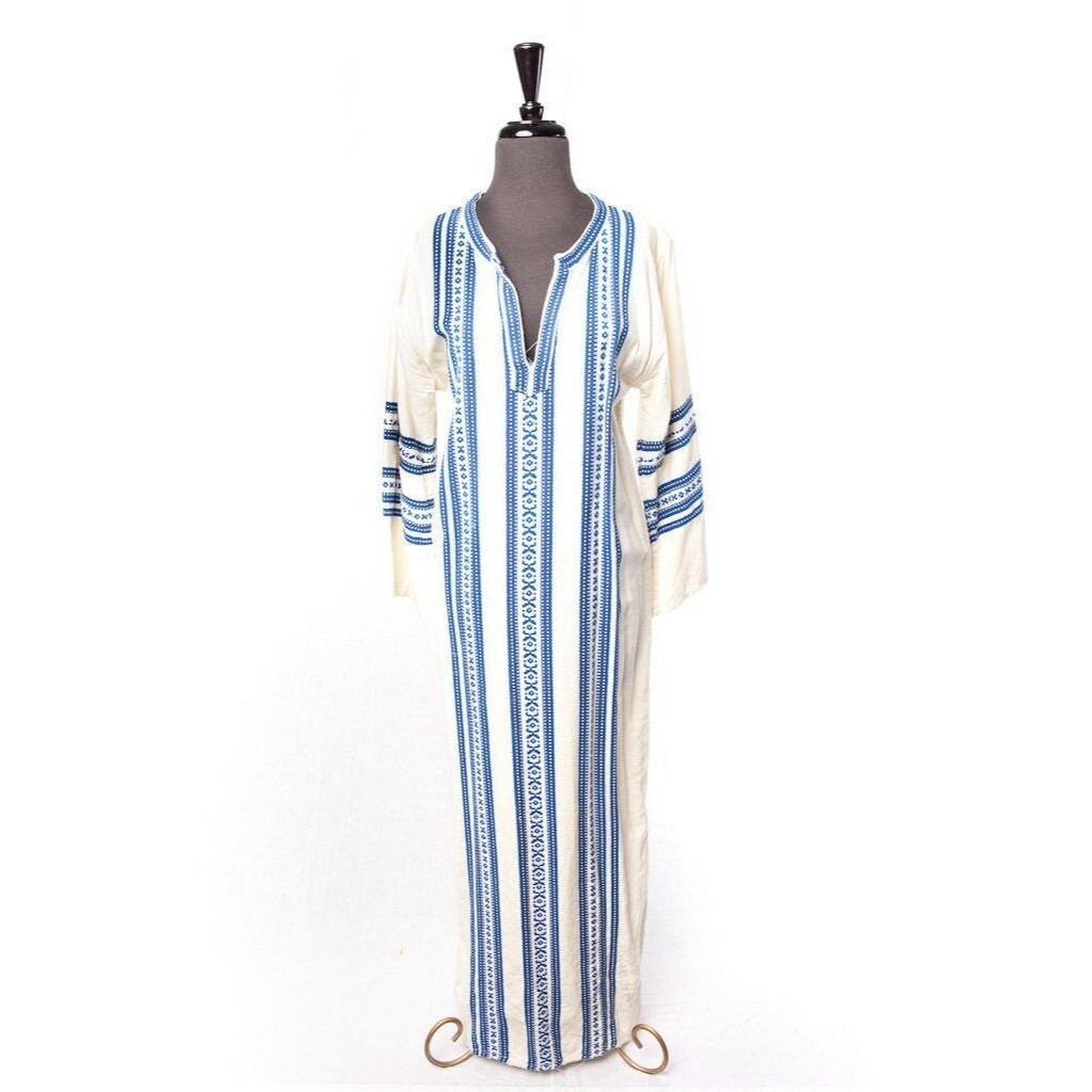 Maxi Kaftan Dress ALEX CONDARINIS Made In Greece Blue White Handmade Large ’73