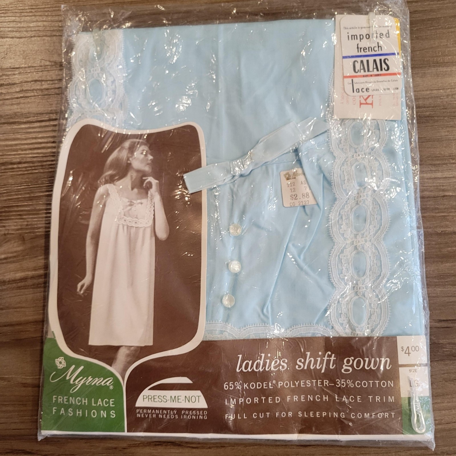 Vintage 1960s Myrna French Lace Trim Shift Nightgown Blue Size L NEW Old Stock