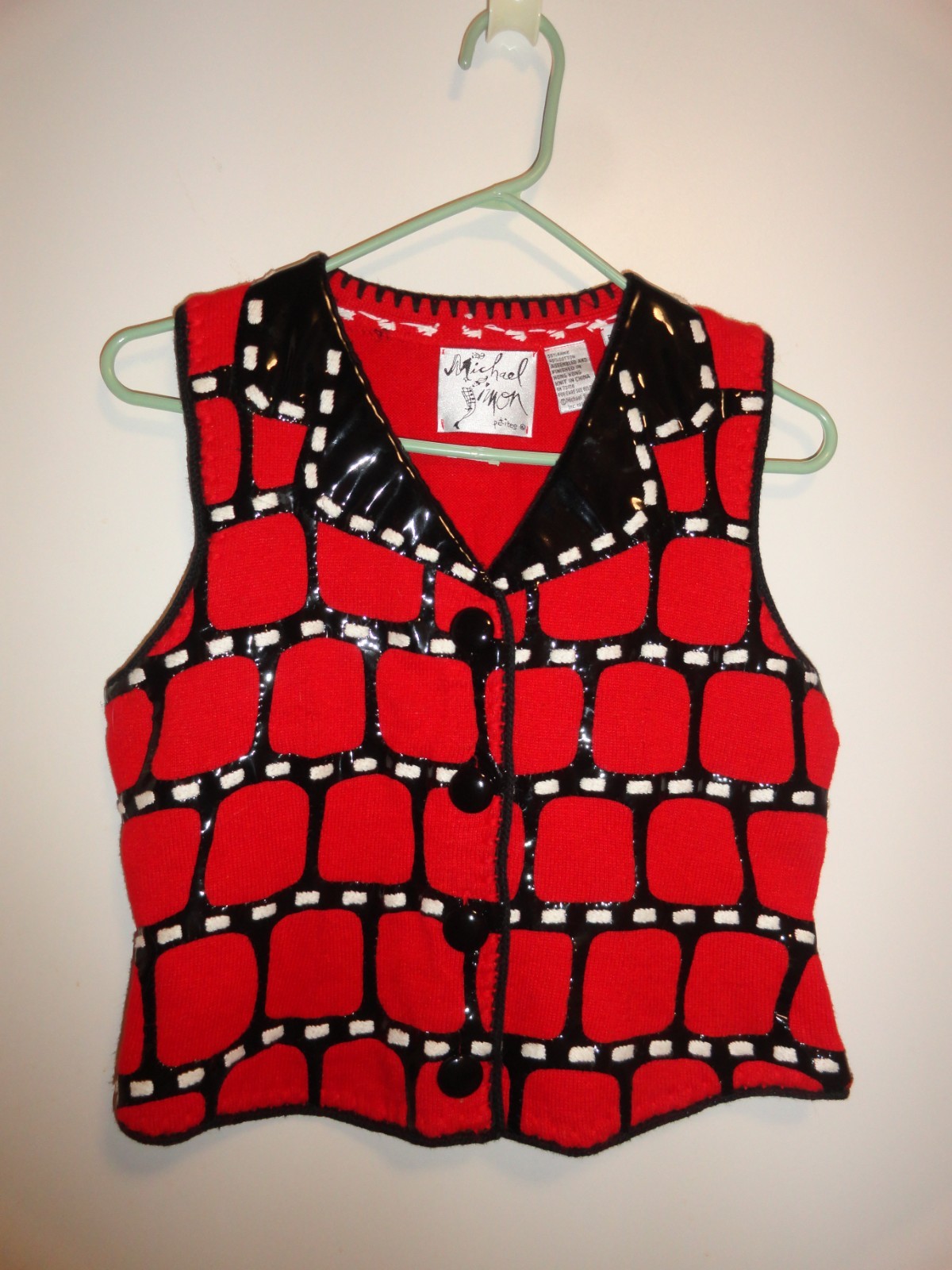 Vintage Michael Simon Petites Red Black Stripe Button Patent Leather Vest P/P