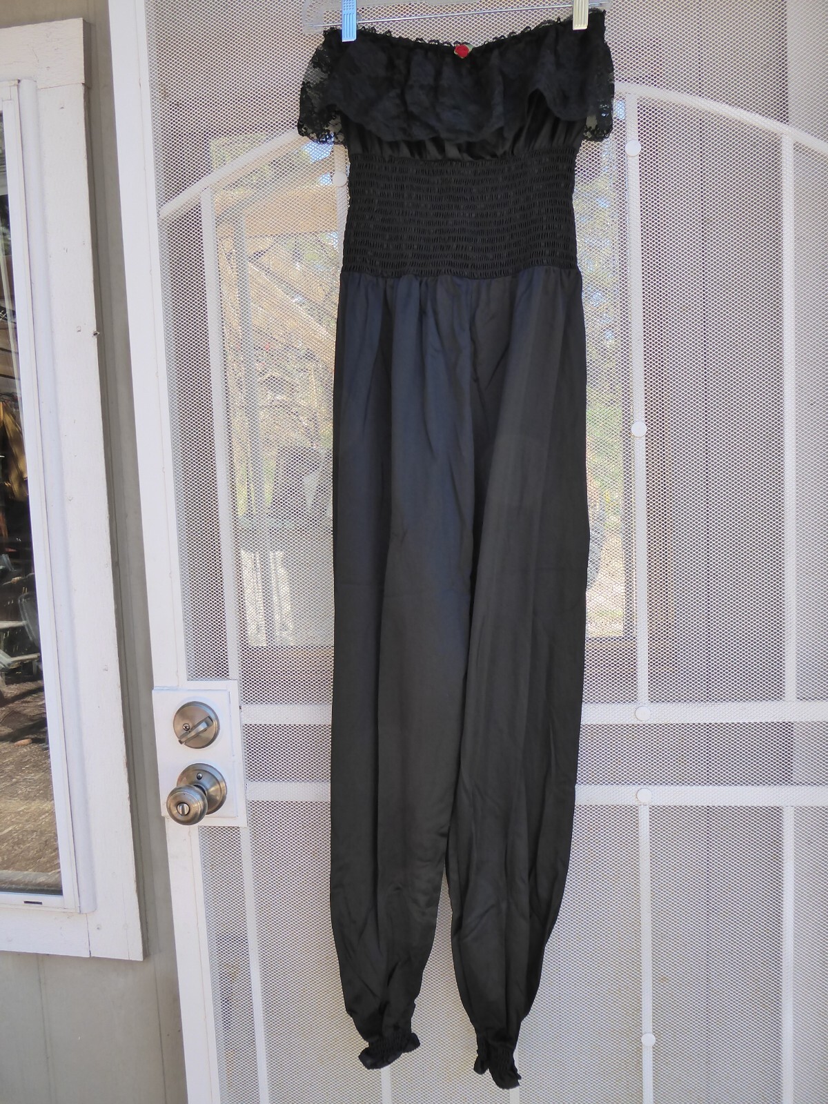 Vintage 80s UndercoverWear Black Nylon Strapless Harem Jumpsuit Smocked Lace M