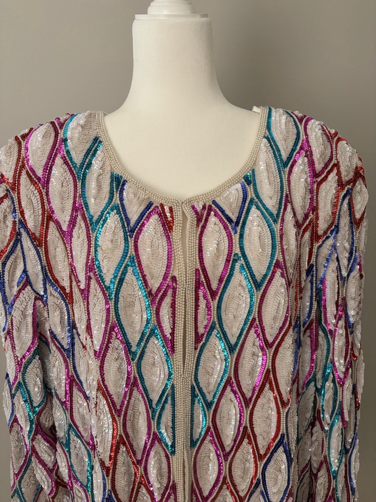 VTG 80s Sequin Beaded Geometric Silk Jacket Disco Glam Performance