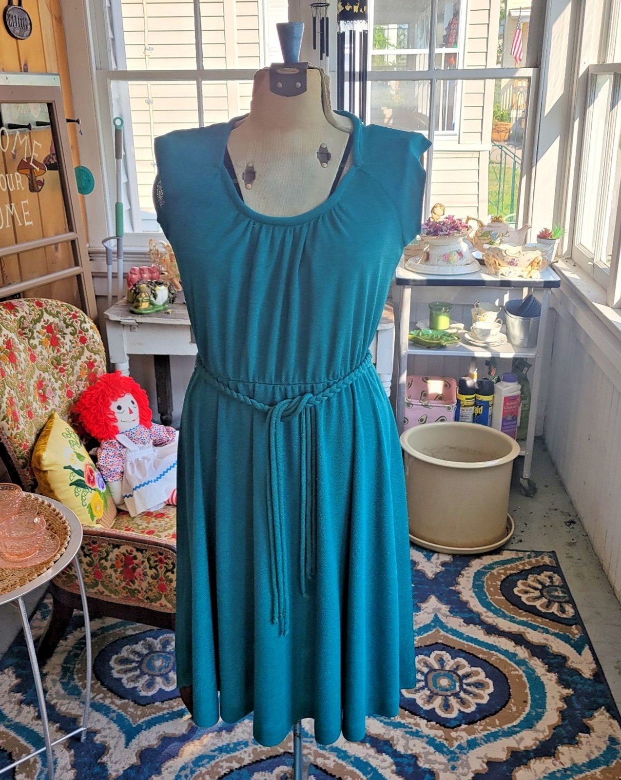 Vintage 1970’s Cinched Waist Soft Poly Sundress Braided Belt Sz S Teal