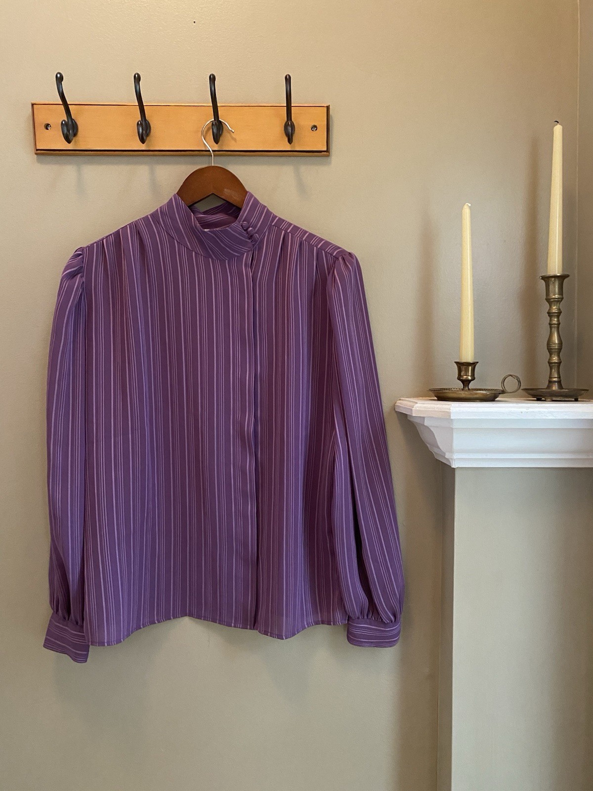 Vintage Purple Striped High Neck Long Sleeve Blouse Size 12 Large