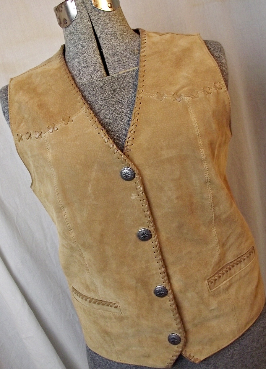 CRIPPLE CREEK Womens Boho Western Suede Leather Vest Small Snaps Lace Work