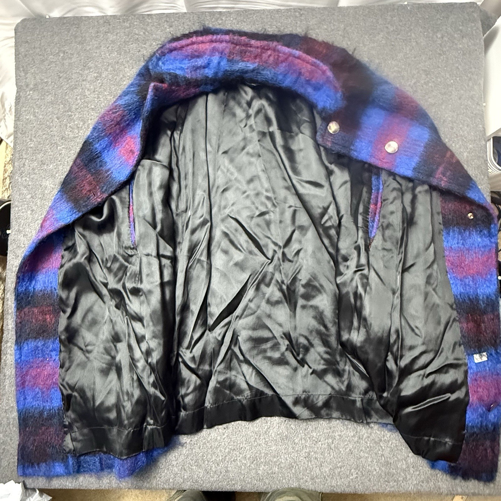 Vintage Scotch House Plaid Wool Cape Coat Blue Purple Swing Lined
