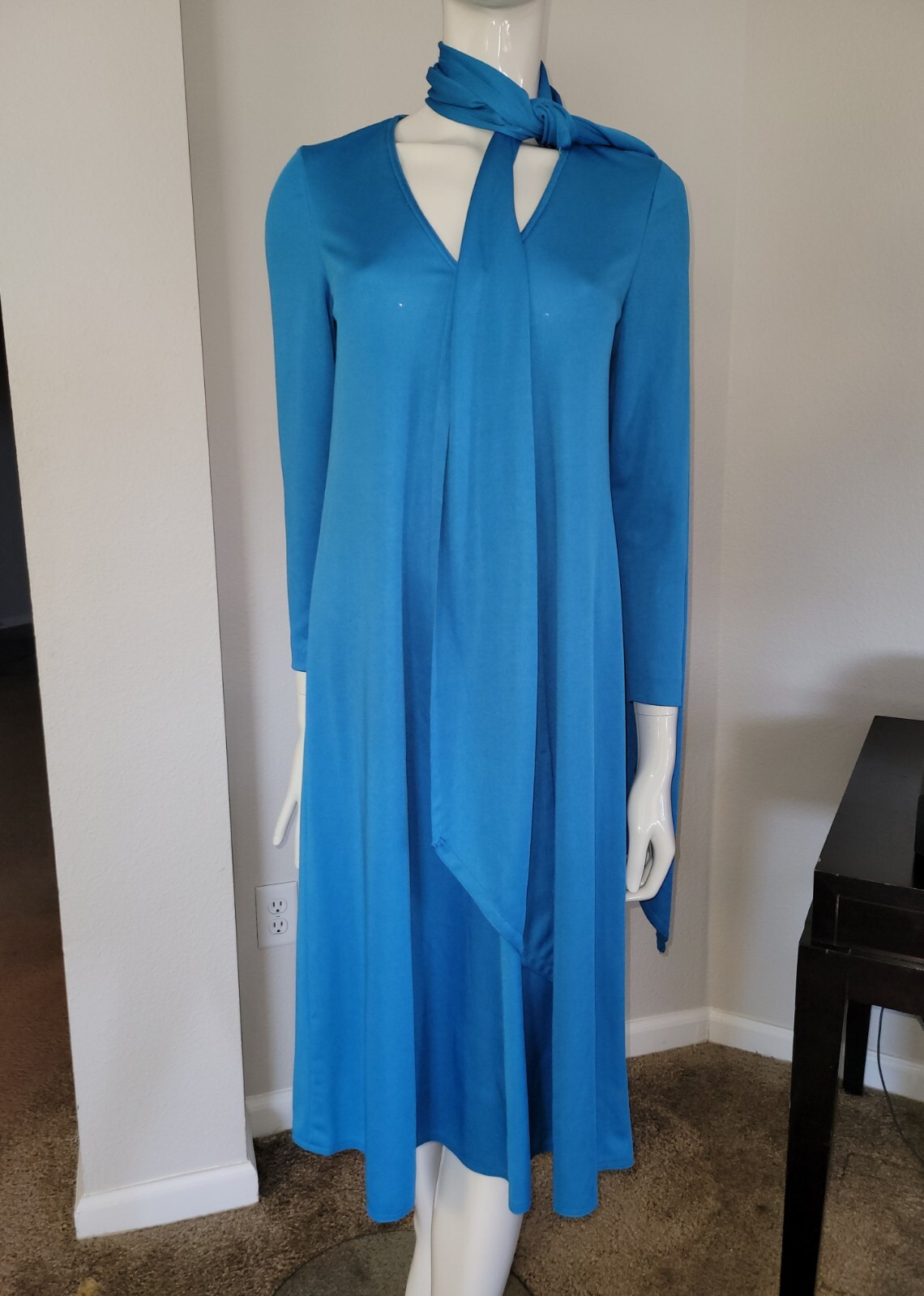 VTG MARITA by ANTHONY MUTO low cut blue day dress attached scarf 1970s European