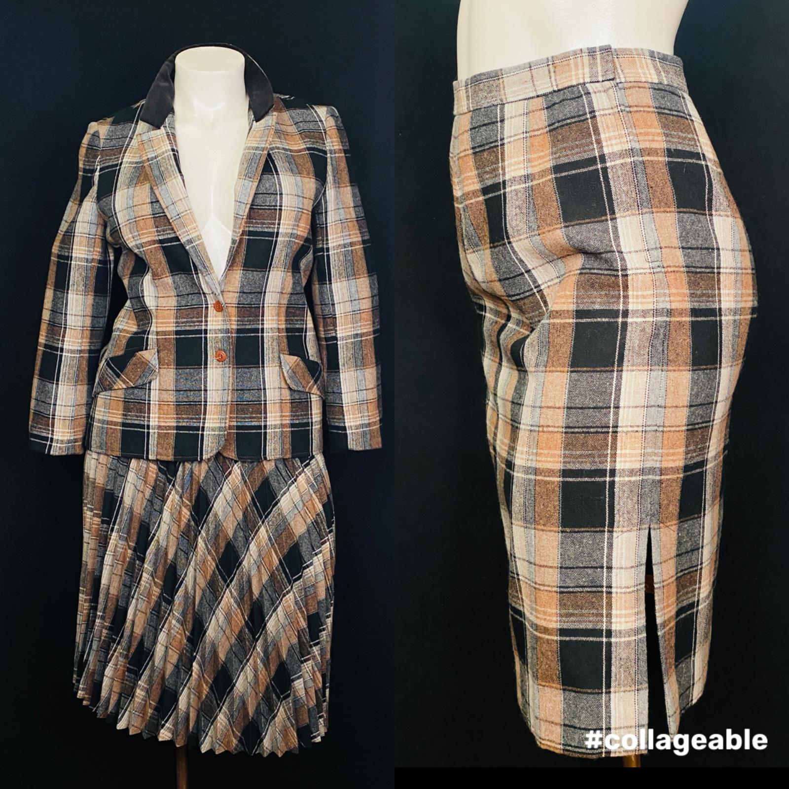 Vintage brown black wool plaid suit jacket blazer skirt set outfit XL plus size