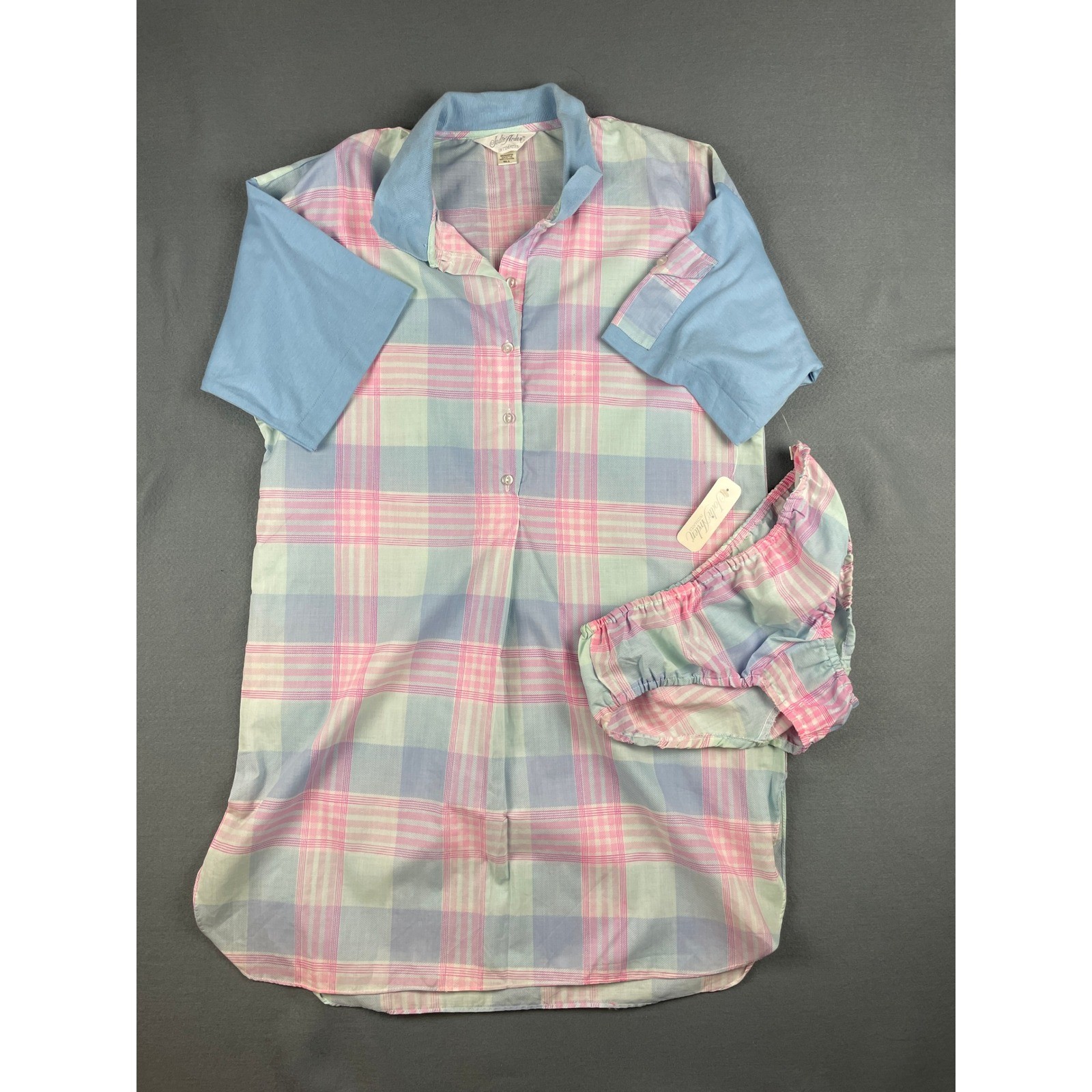 Jodie Arden Plaid Sleep Shirt Panty Set Cottagecore Vintage Pastel Pink Blue S