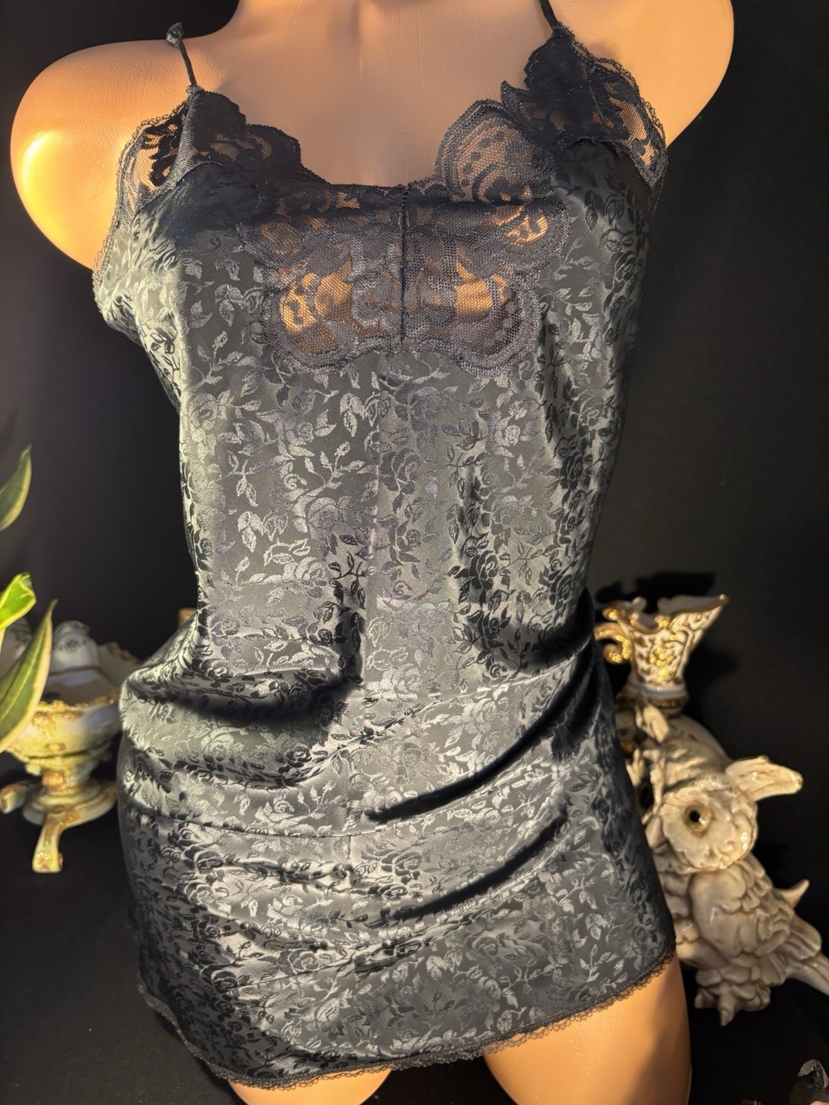 Vtg Satin Shiny Jet Black Nightie Babydoll Gown share Chantilly lace nightgown