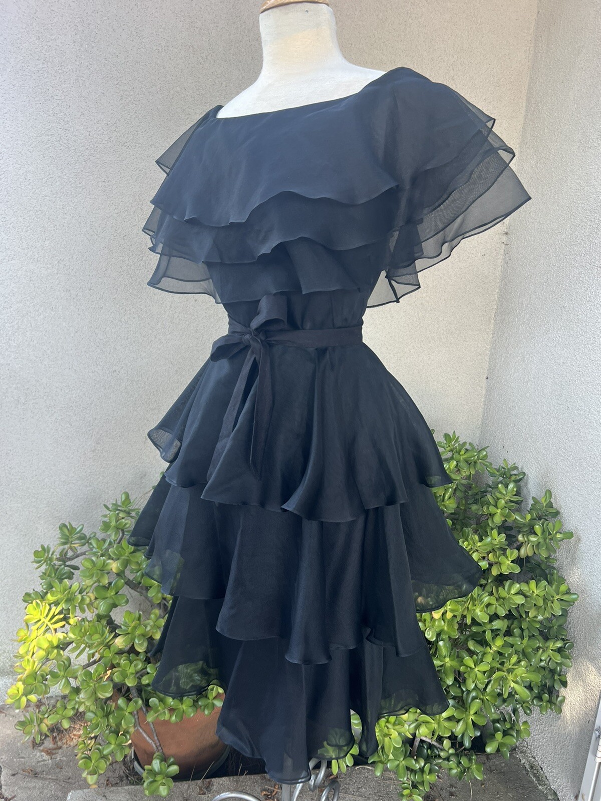 Vtg Black Chiffon Dress Cocktail Midi Tiered Sz 8 Jill Richards