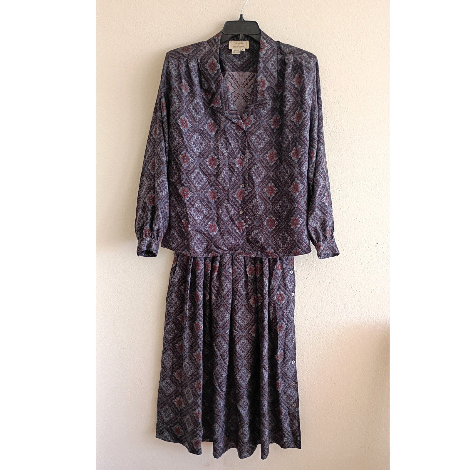 Vintage Silk Studio Claude Bennett Paisley Silk Skirt Blouse Set Navy Blue 8
