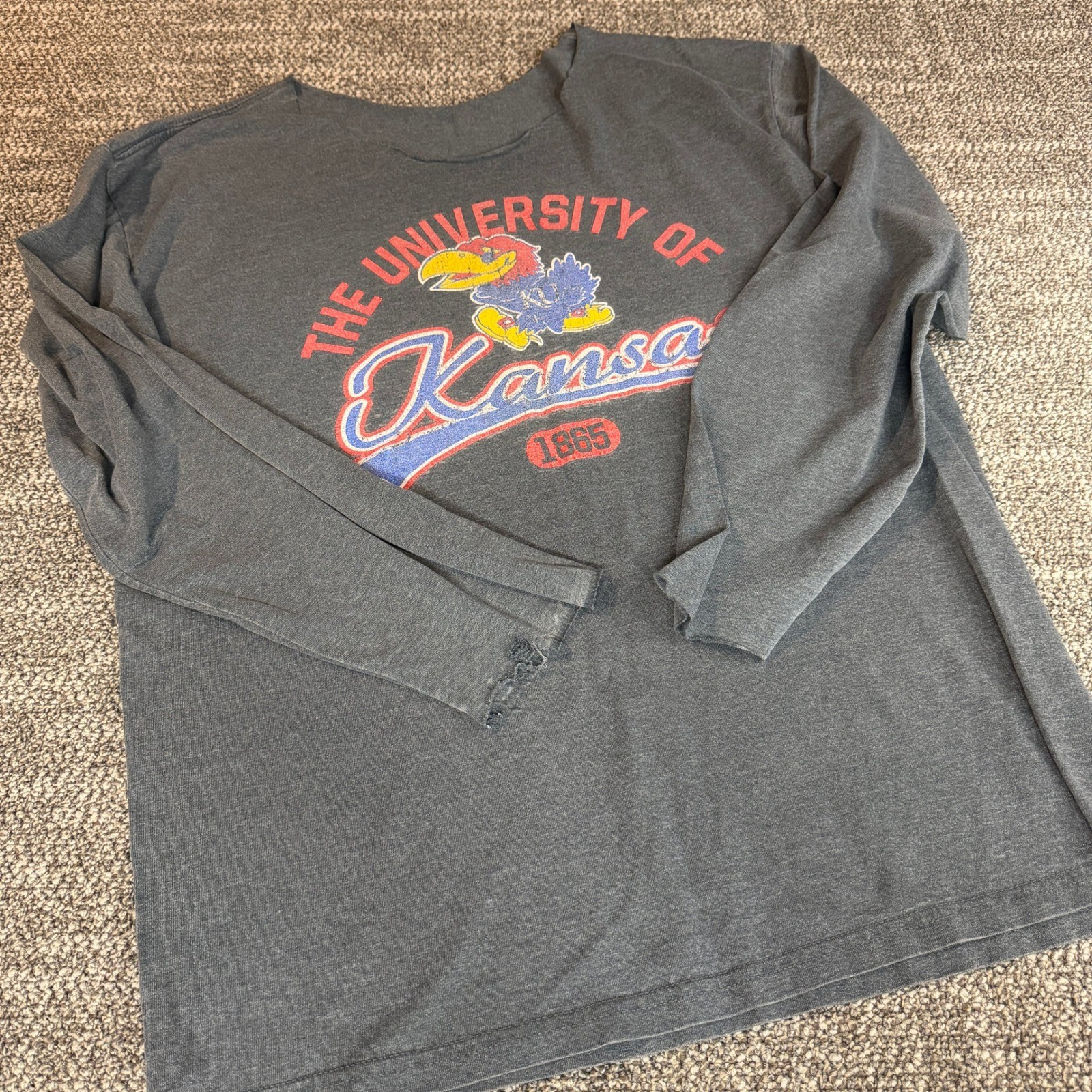 Vintage University of Kansas Jayhawks Distressed Long Sleeve T-Shirt Gray KU L