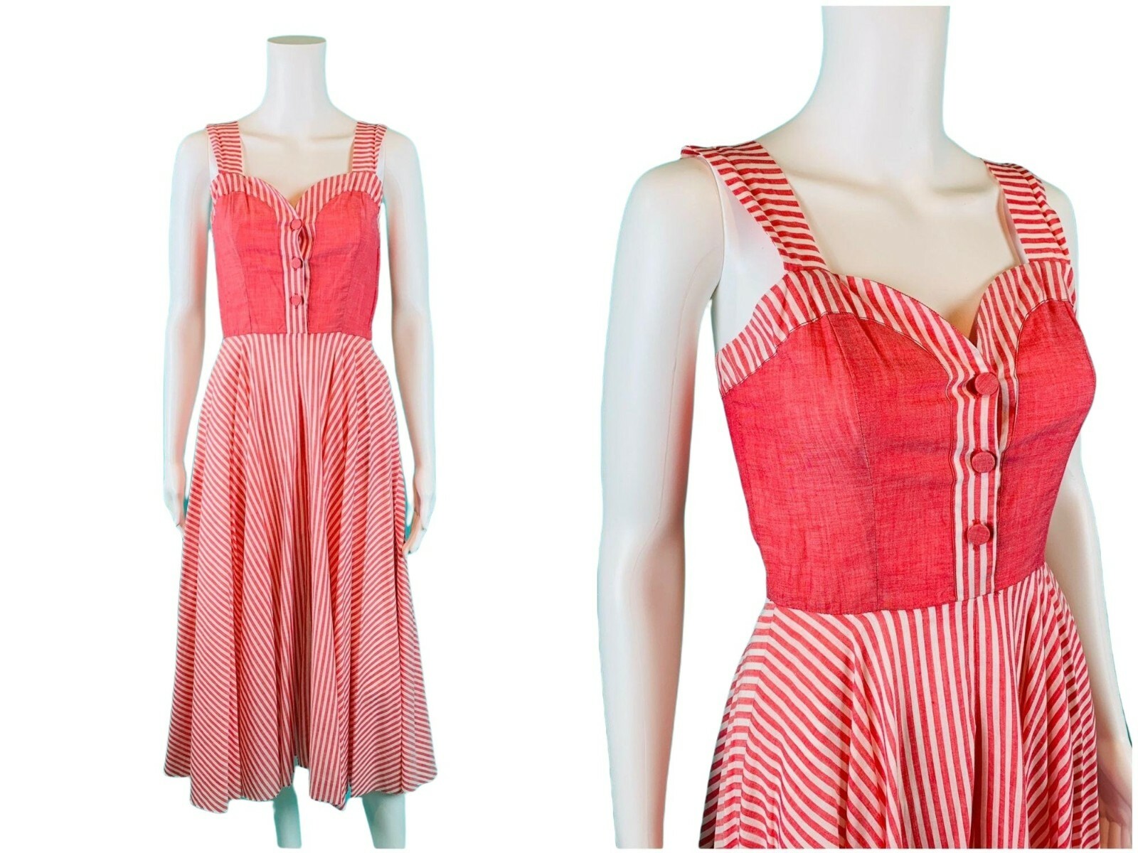 Vintage 50s Striped Dress Womens XS Coral Sweetheart Sundress Gay Gibson Juniors