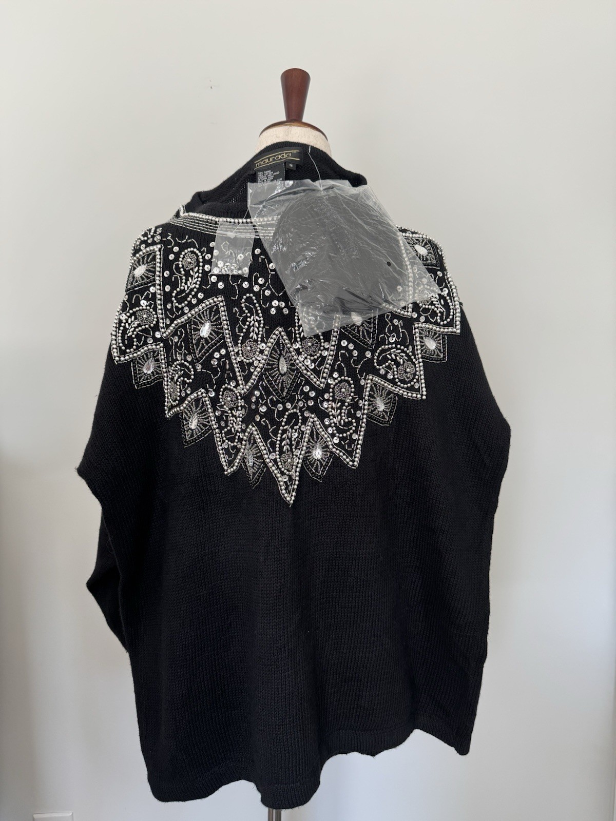 Maurada Women’s 1X Black Beaded Embellished Sweater Ramie Cotton Vintage Style