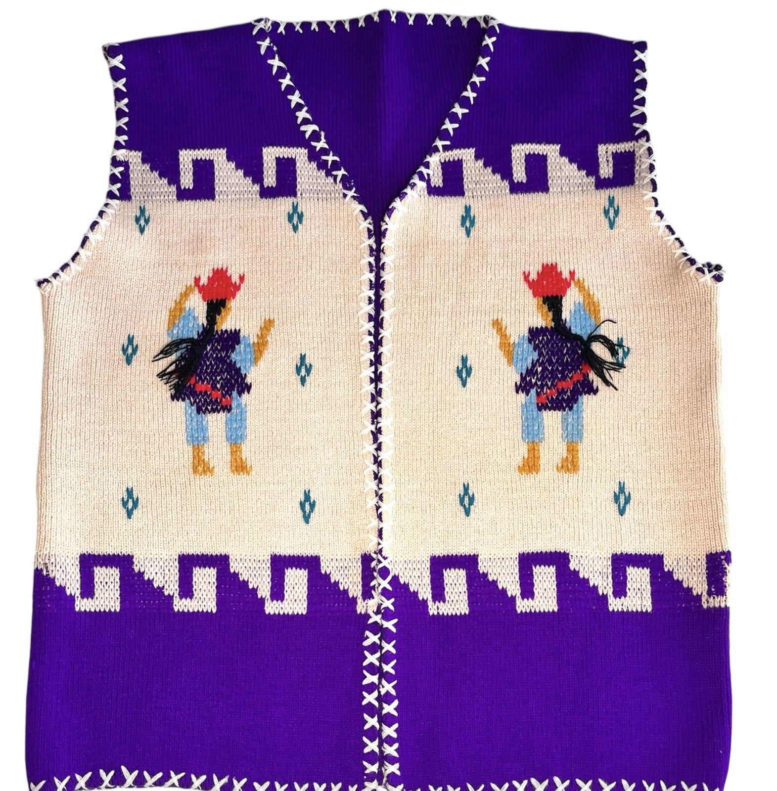 Vintage Peruvian Folk Knit Vest Figurative Purple Handmade Ethnic