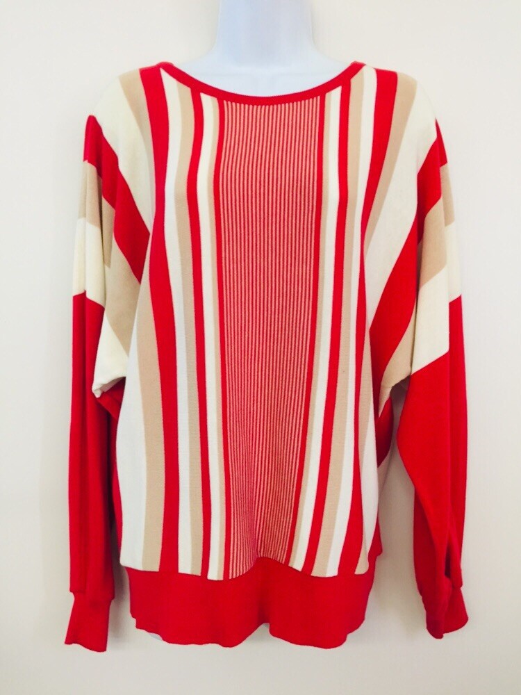 Givenchy Sport Red Ivory Beige Striped Pullover Sweater VTG 80s 90s Cotton USA L