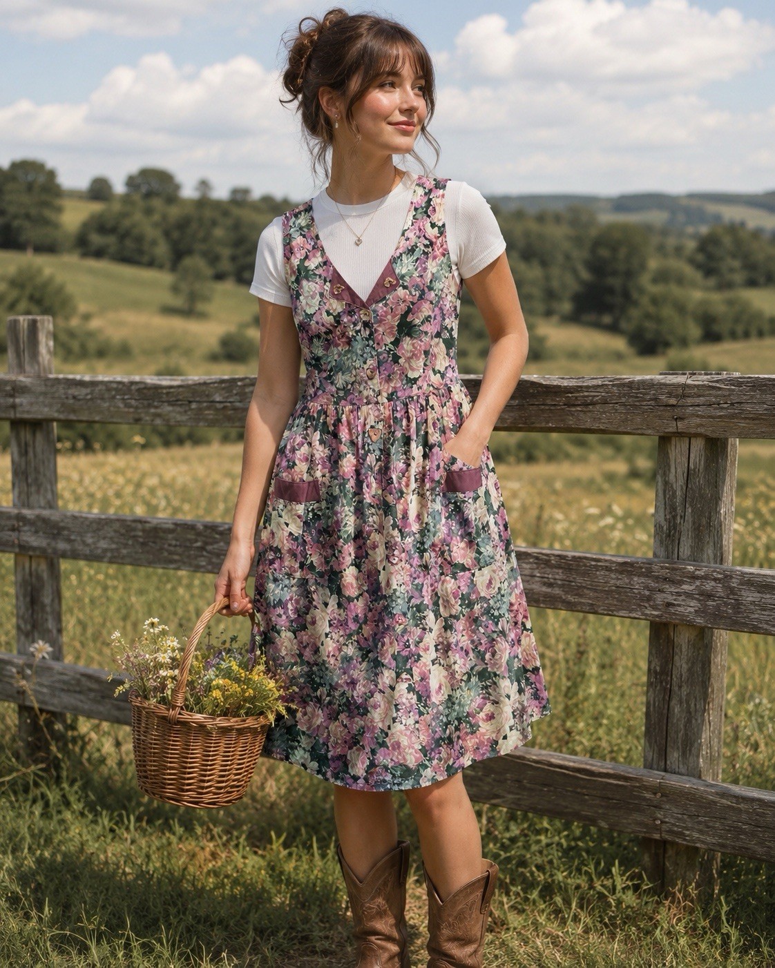 VTG Country Floral Jumper Dress Midi Mauve Rose Trad Cottage Prairie M L Cotton