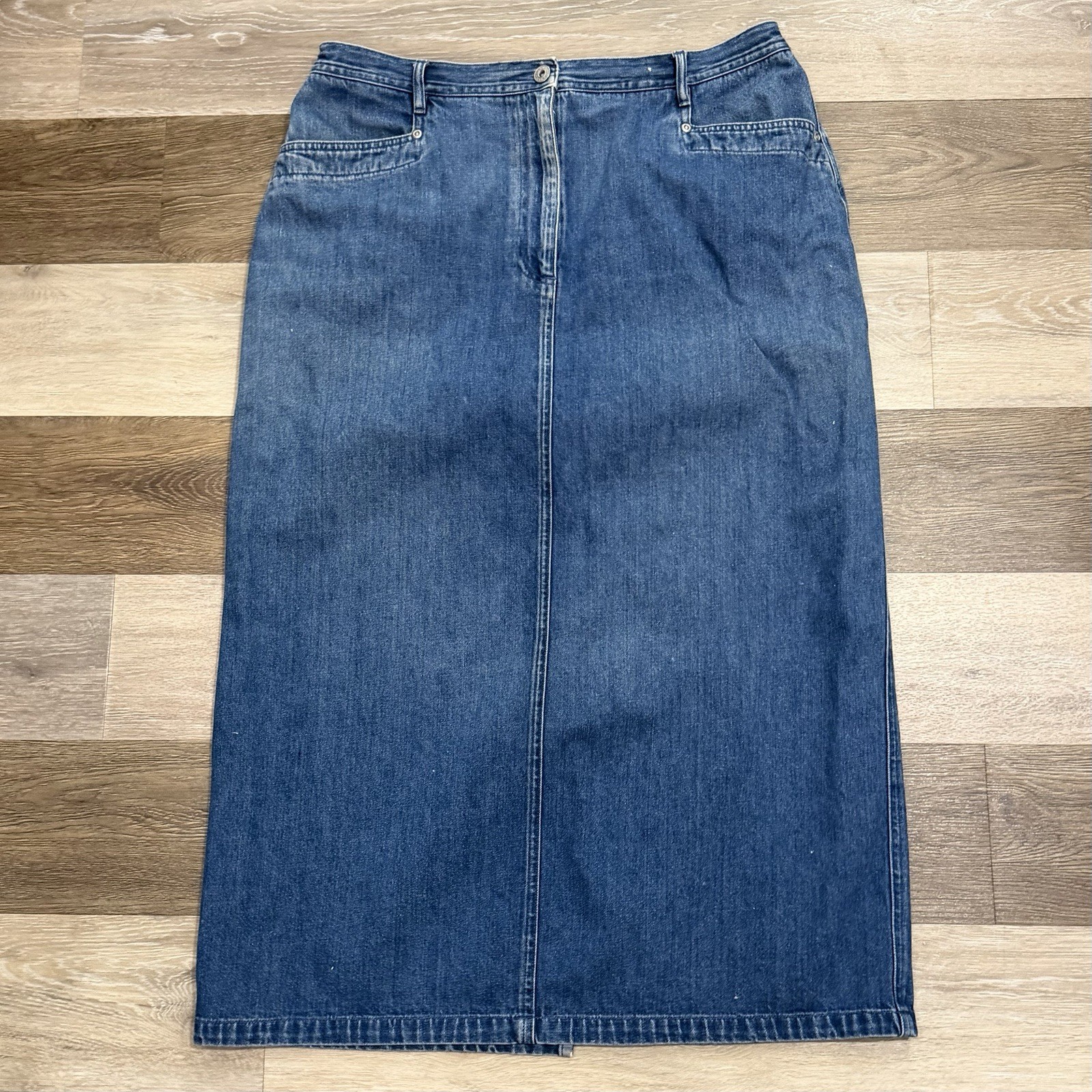 Vtg DAVID BROOKS Denim Maxi Skirt Sz 16 Blue Cotton Long Straight Back Slit VGC!