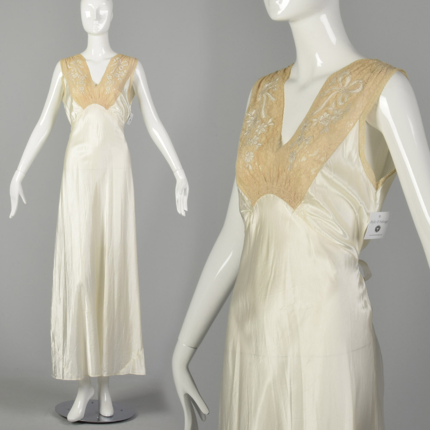 Small 1930s Bridal Nightgown Satin Lingerie Lace Tie Back Waist Honeymoon VTG