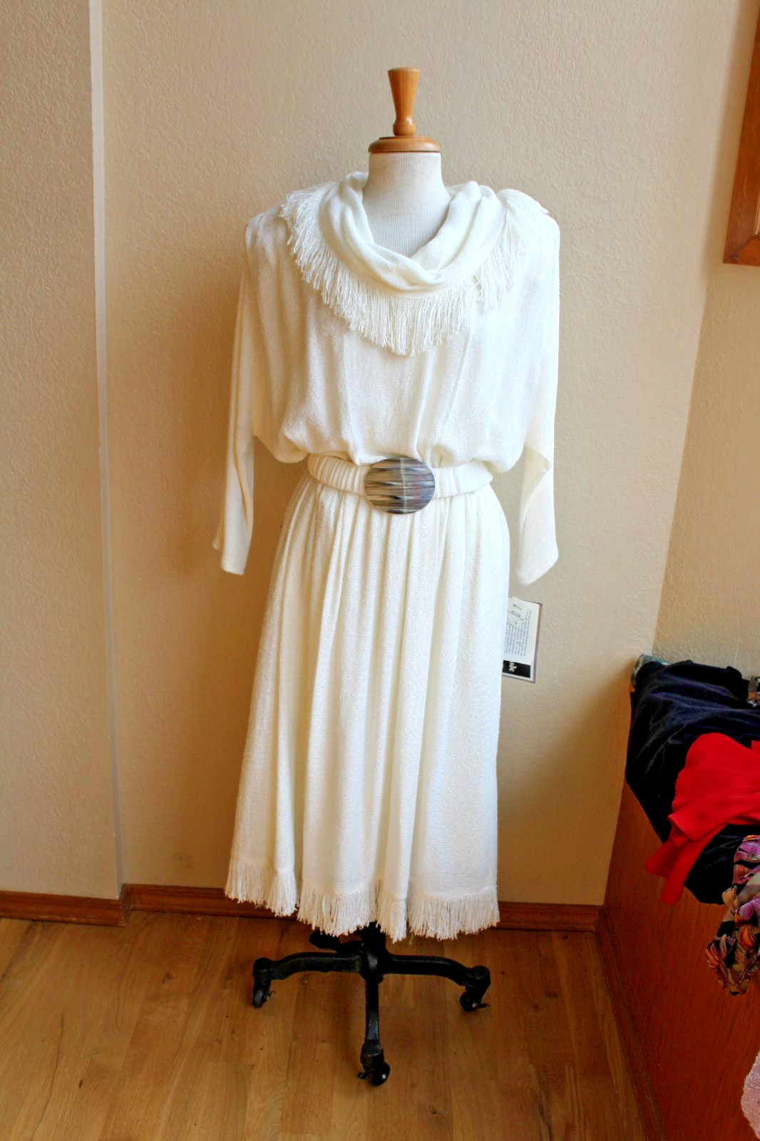 Vintage 80’s NWT Cream Knit Fringed Cowl Neck Dress M