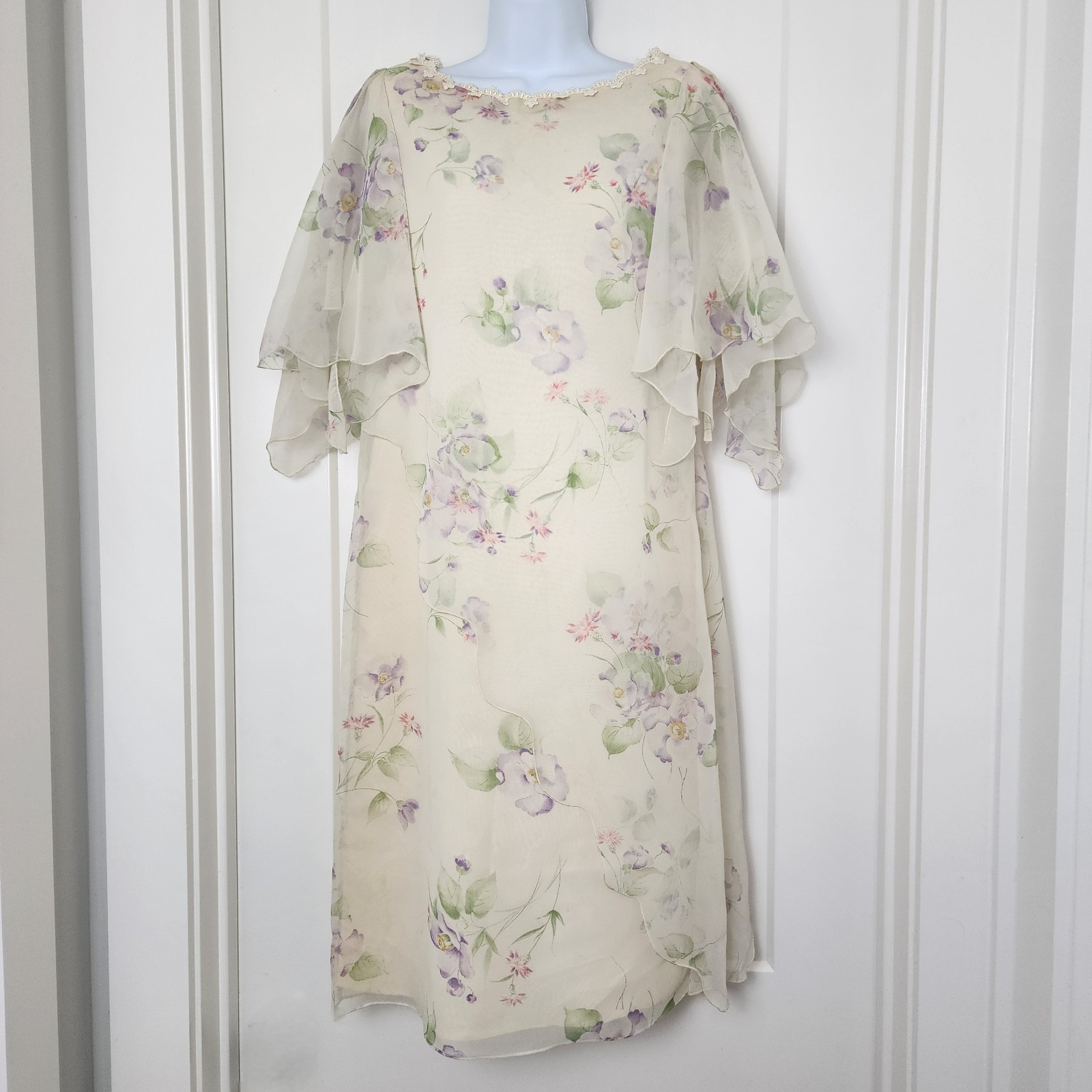 Vintage Miss Ashlee Floral Chiffon Dress 5 / 6 S Cottagecore Fairycore Lace 80s