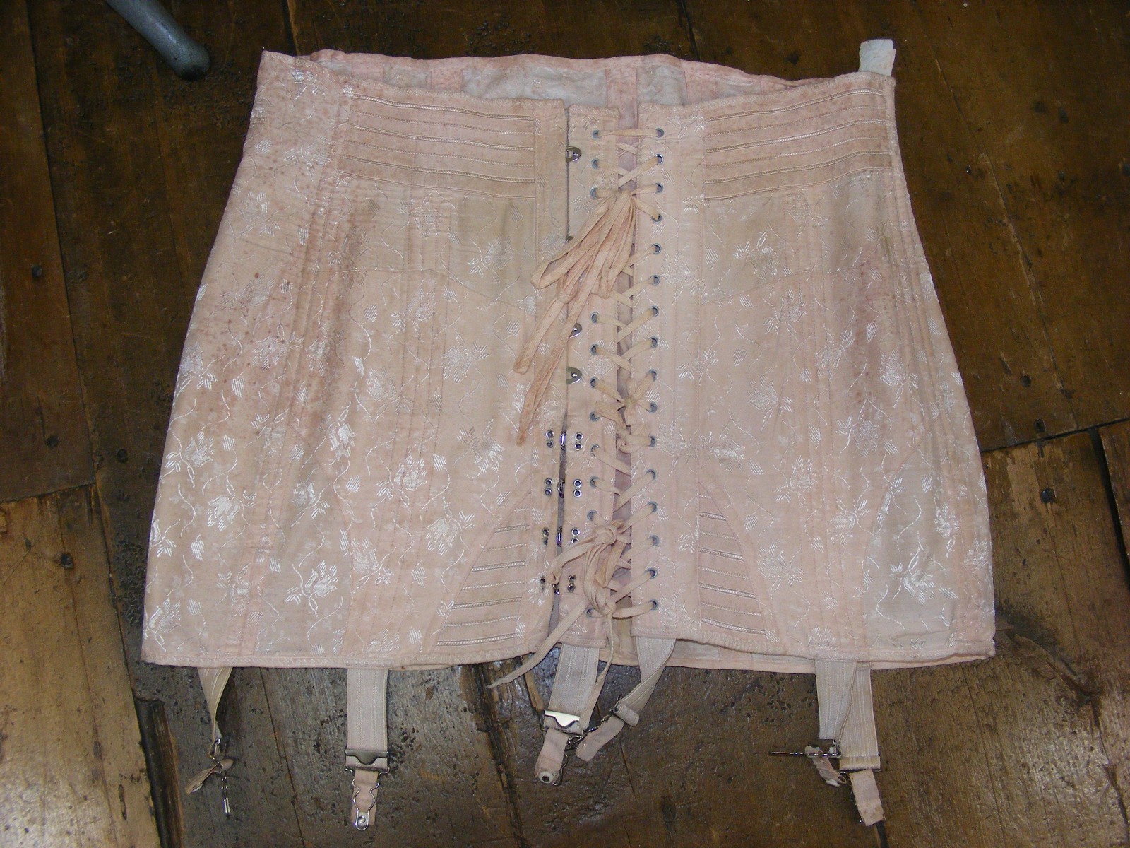 50s CHARMODE COMFORT CORSET PEACH DAMASK TIE FRONT COTTON RAYON VINTAGE CORSET L