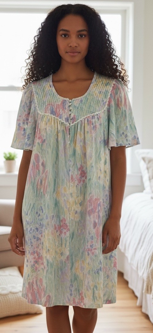 Vintage APPEL Duster House Dress Robe Medium Multi Floral Sheersucker Front Zip