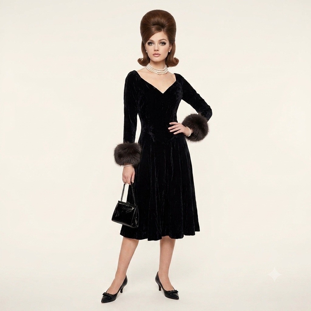 Vintage 1960s Black Velvet Dress Fox Fur Trim Cuffs V-Neck Cocktail Mid Century
