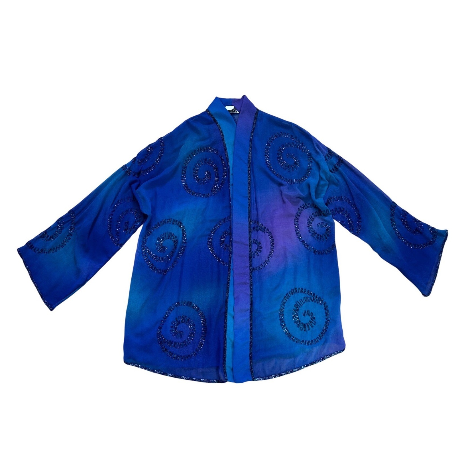 Vtg Beaded Kimono cardigan Blue Purple Ombre Boho One Size hippie festival artsy