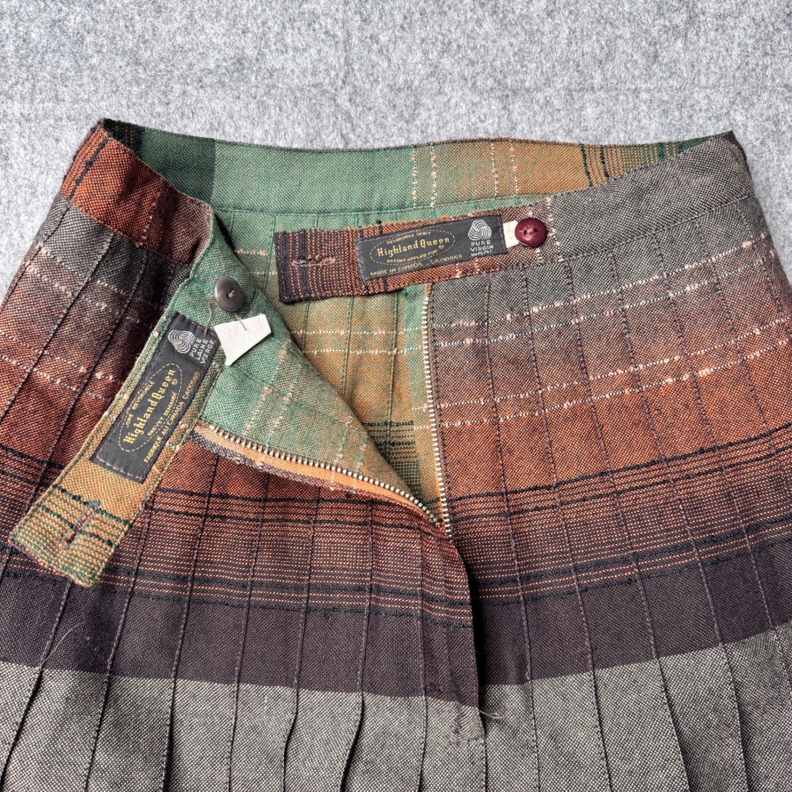 Highland Queen Vintage Reversible Wool Pleated Skirt Rust Green Striped Midi 12