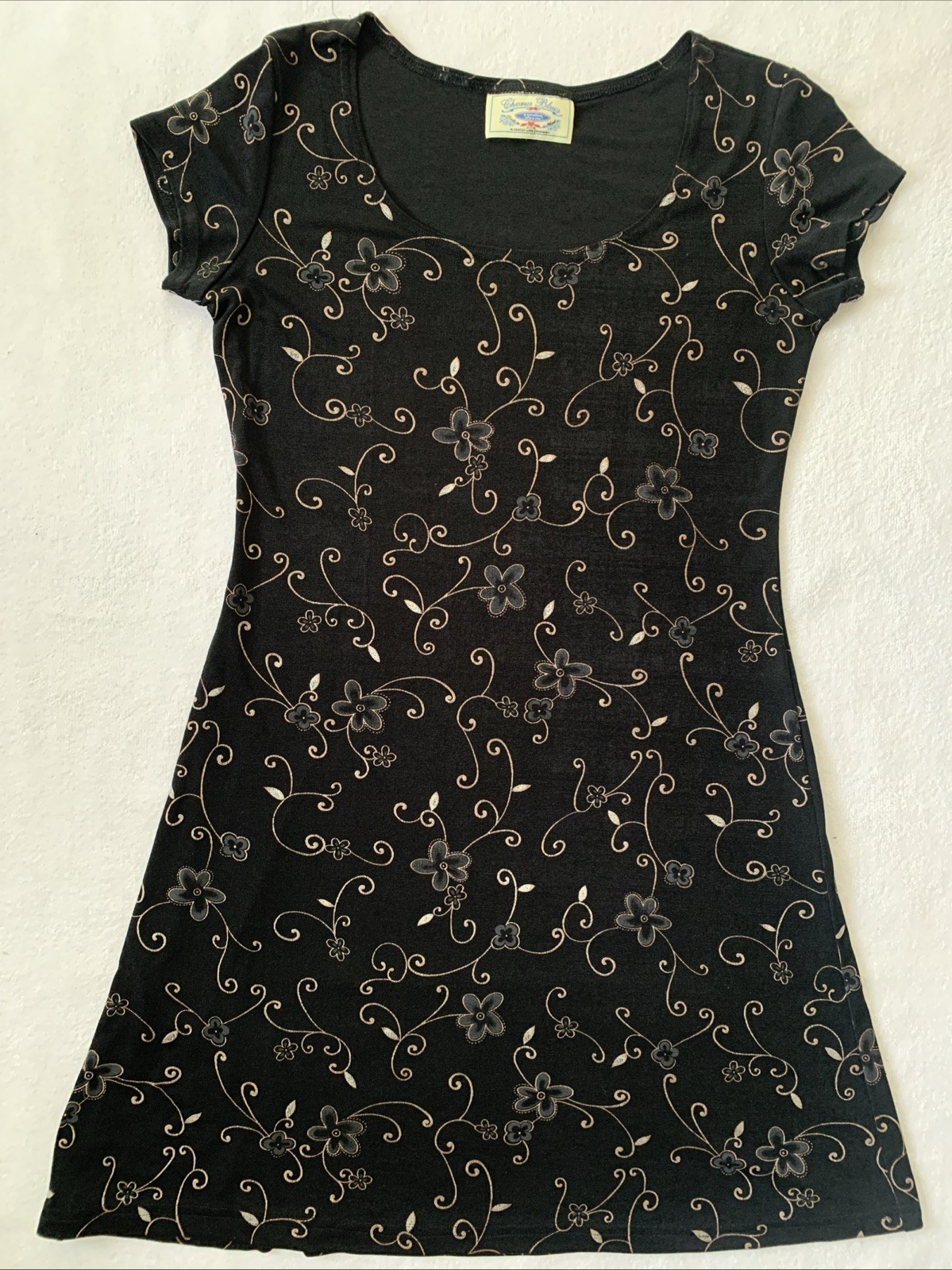 Vintage Dress Black Chorus Blues USA Size Medium Above Knee Length Short Sleeve