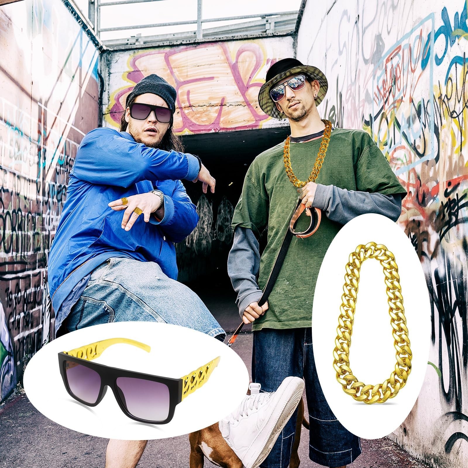 80s 90s Hip Hop Costume Kit – Rapper Accessories for Men & Women, Cosplay Party