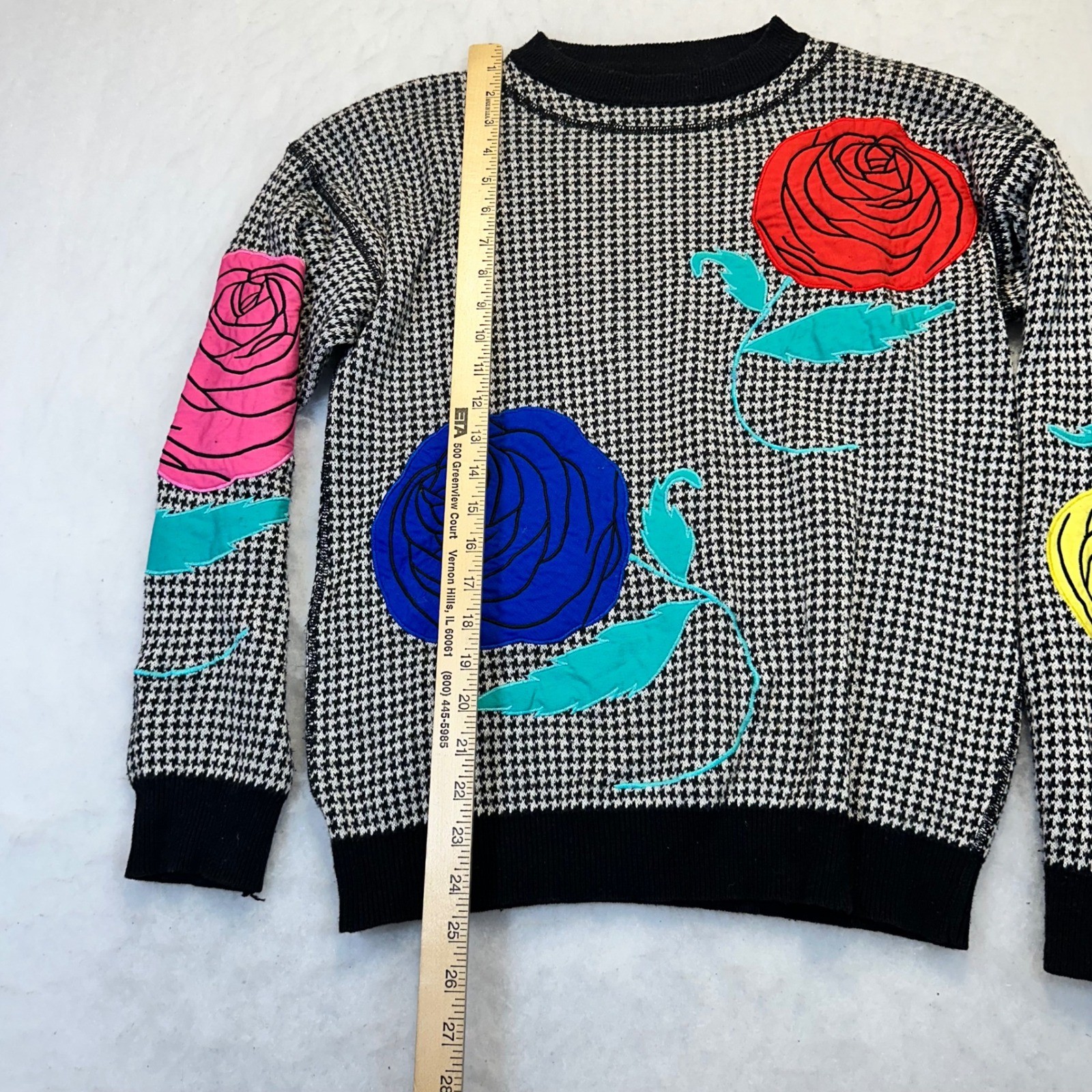 Mondi Houndstooth Rose Sweater Women 38 M Black White Floral Eclectic Vintage