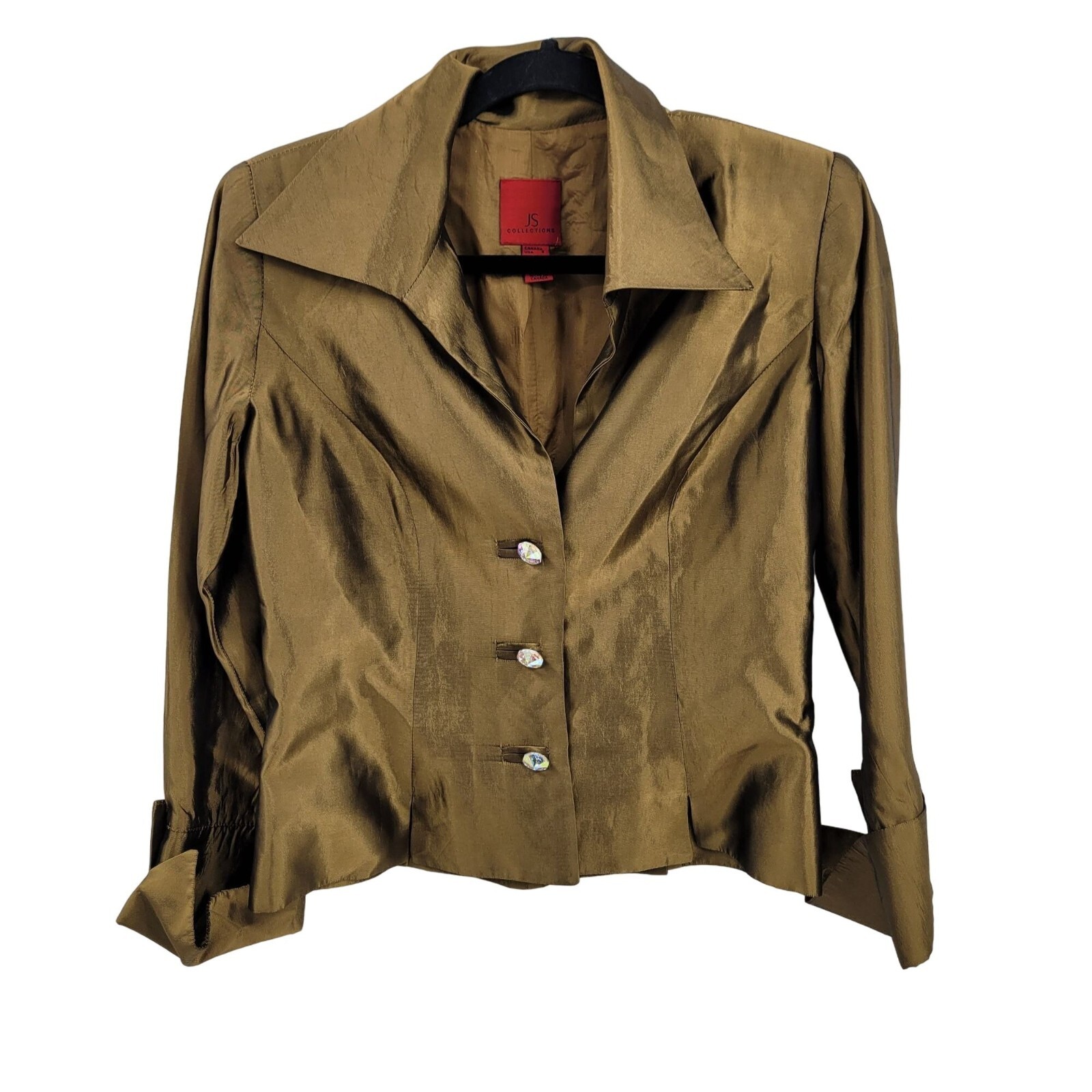 Vintage 80’s Blouse 8 Bronze Formal Metallic Dagger Collar Jewel Buttons Glam