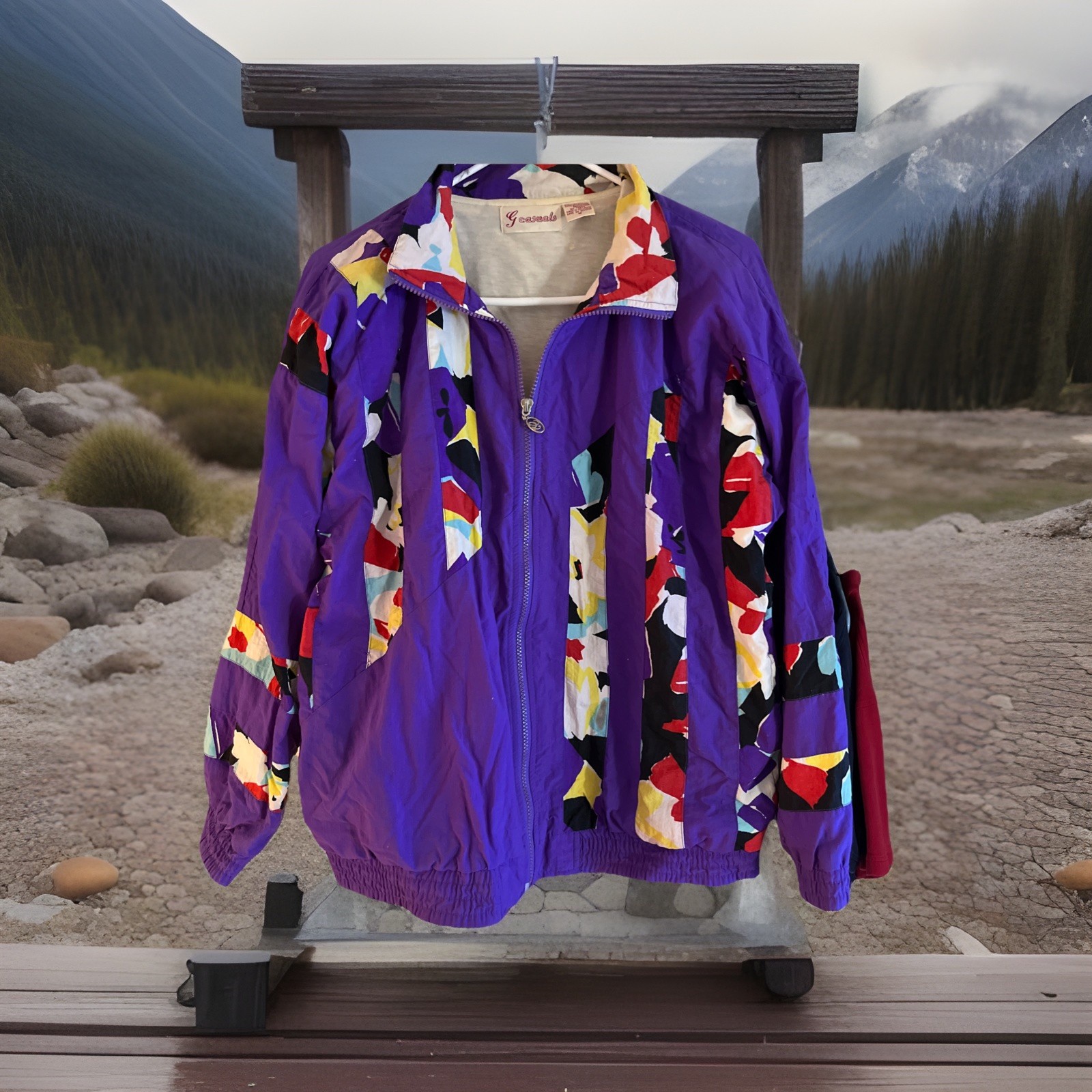 Vintage G Casuals Medium Purple Multicolor Windbreaker 80s jacket Zip Down Nylon