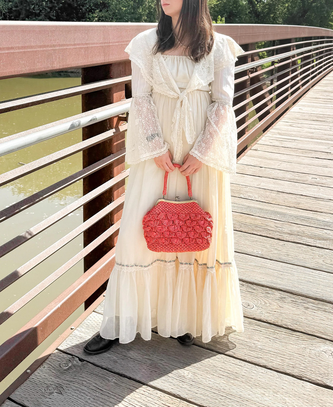 70s Gunne Sax Cream Off-White Lace Tie-Front Ruffle Floral Trim Maxi Dress
