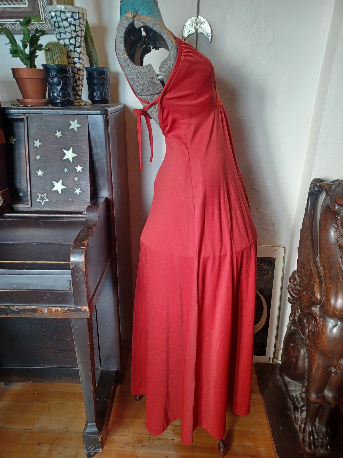 Vintage 1970s Orange-Red Strappy Disco Maxi-dress