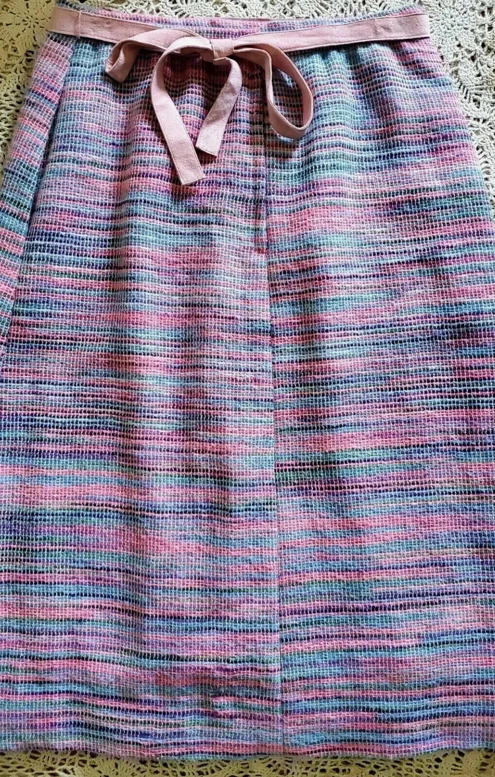 VTG 70s Striped Woven Pastels Midi Skirt w/Ultra Suede Rose Belt S