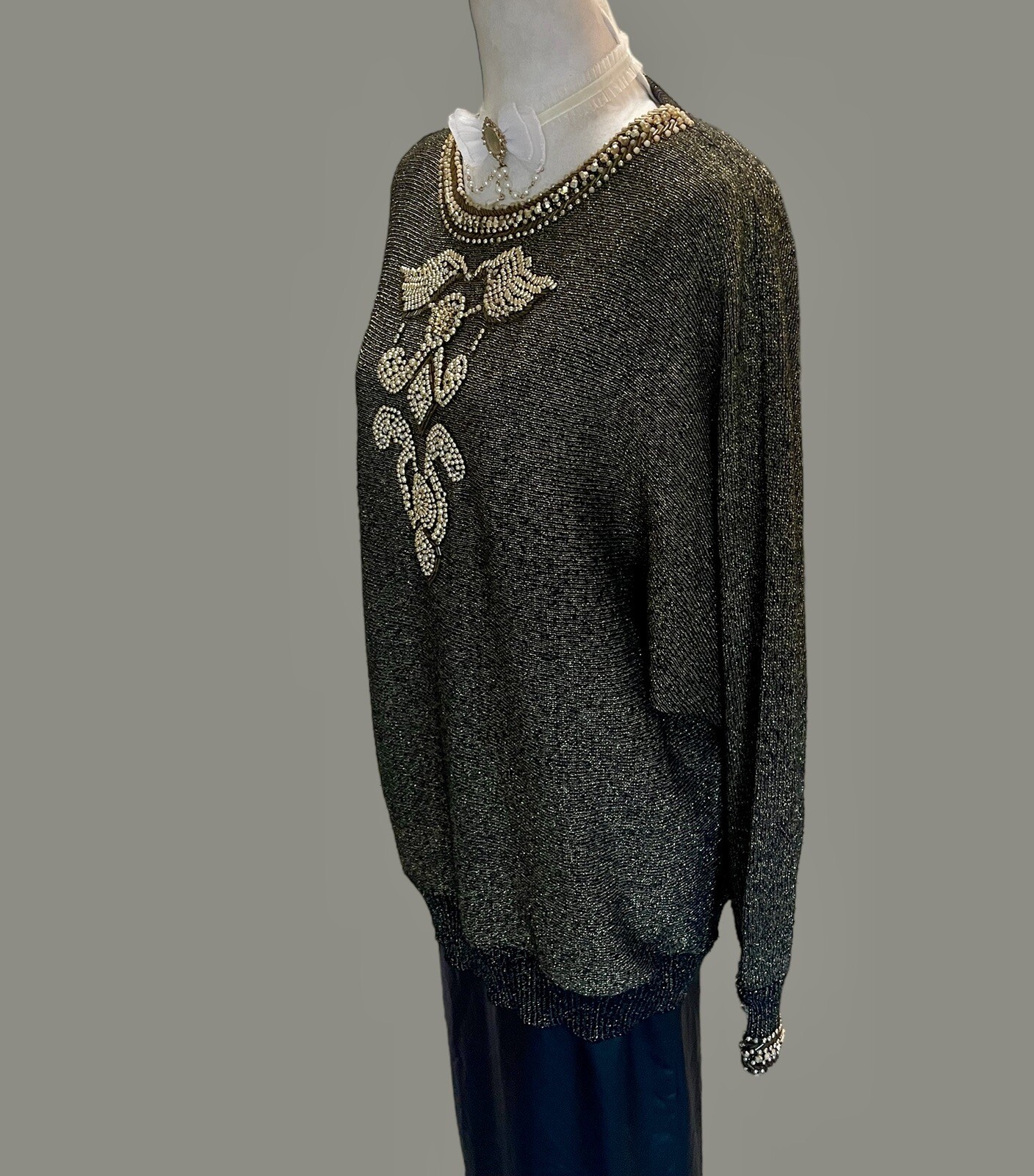 Vintage Sweater McBling Pearl Beads Glam Fairy Goth Evening Knitwear Gold Foil L