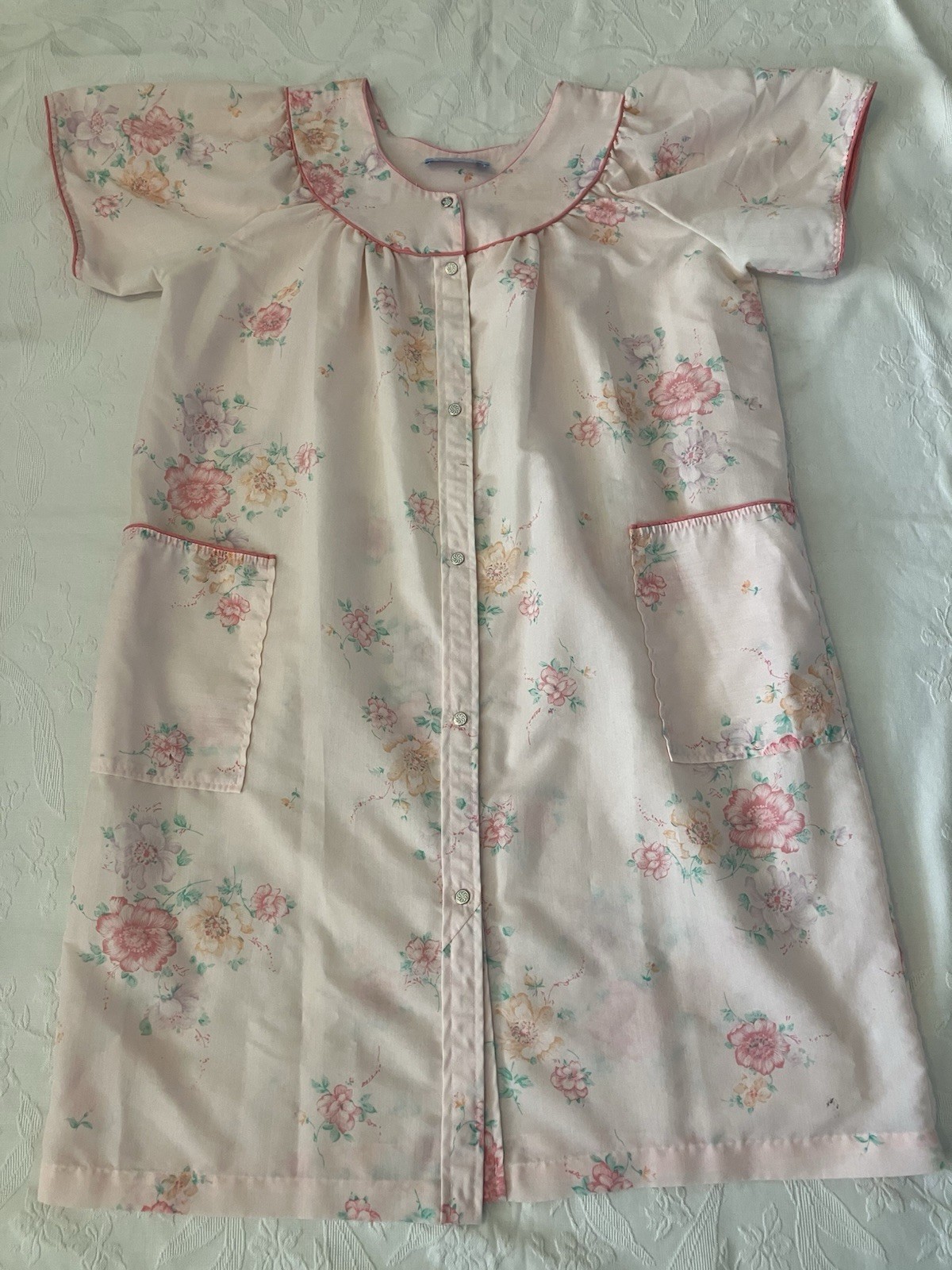 VTG Coffee Time House Dress Robe PINK FLORAL Snap Front Pockets Sz M or L