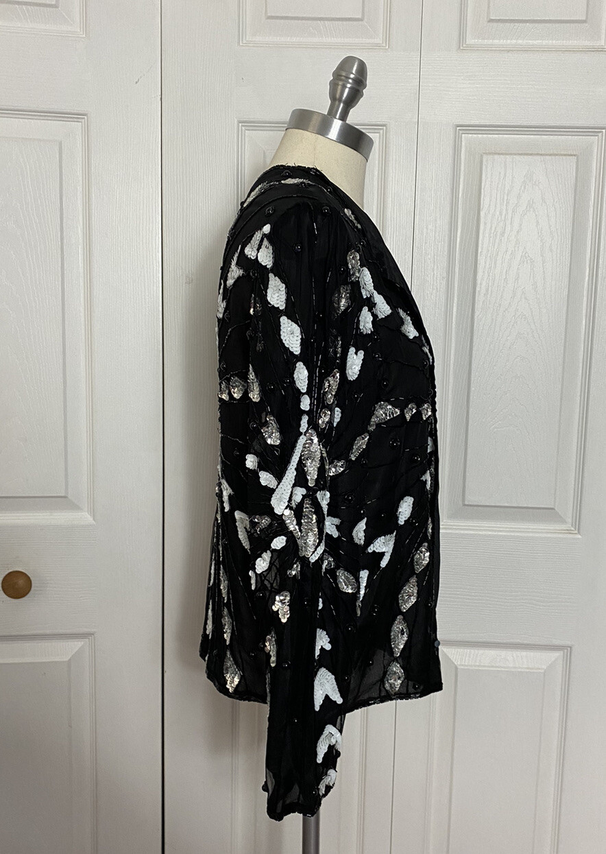 NEW Vintage Sweelo Size Small 6-8 Black Silk Beaded Jacket Bolero Sequins S
