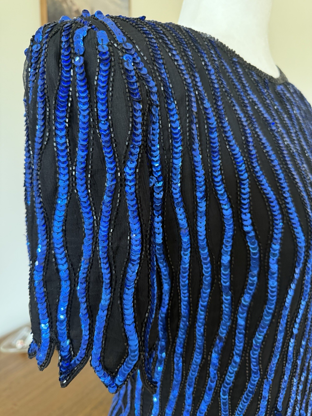 1980’s Stenay Electric Blue And Black Silk & Sequined Top M