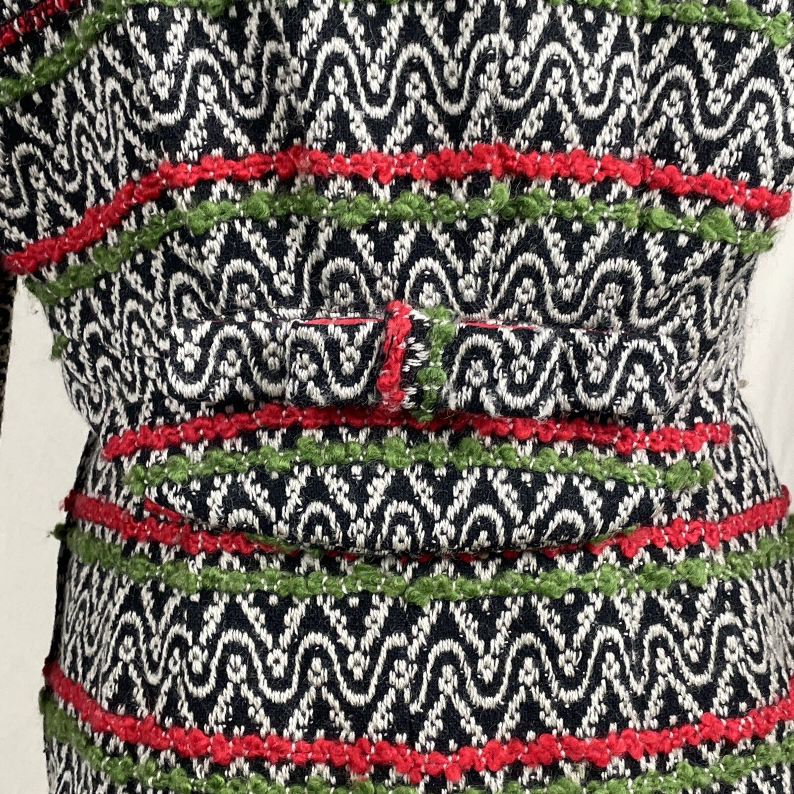 Vintage 60s Handmade Boucle Suit XXS Cropped Jacket Skirt Green Red Black